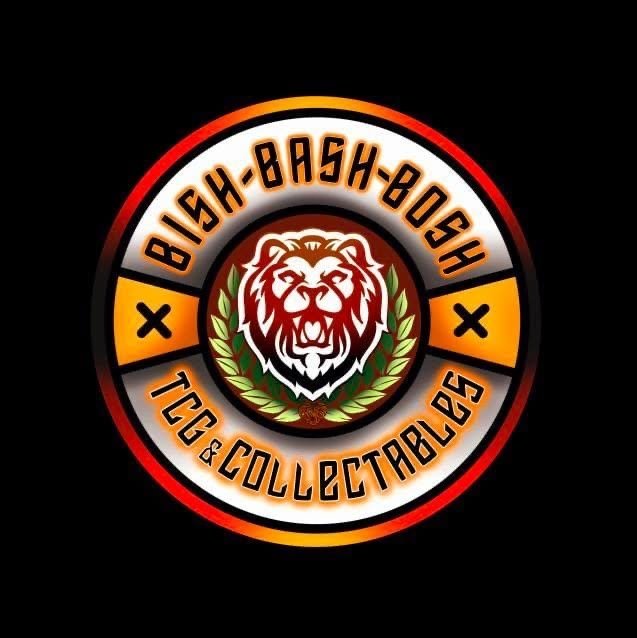 Logo with a lion's head in the center surrounded by a laurel wreath, with the text 'BASH-BASH-BASH' and 'Toys & Collectibles' around it, on a black background.