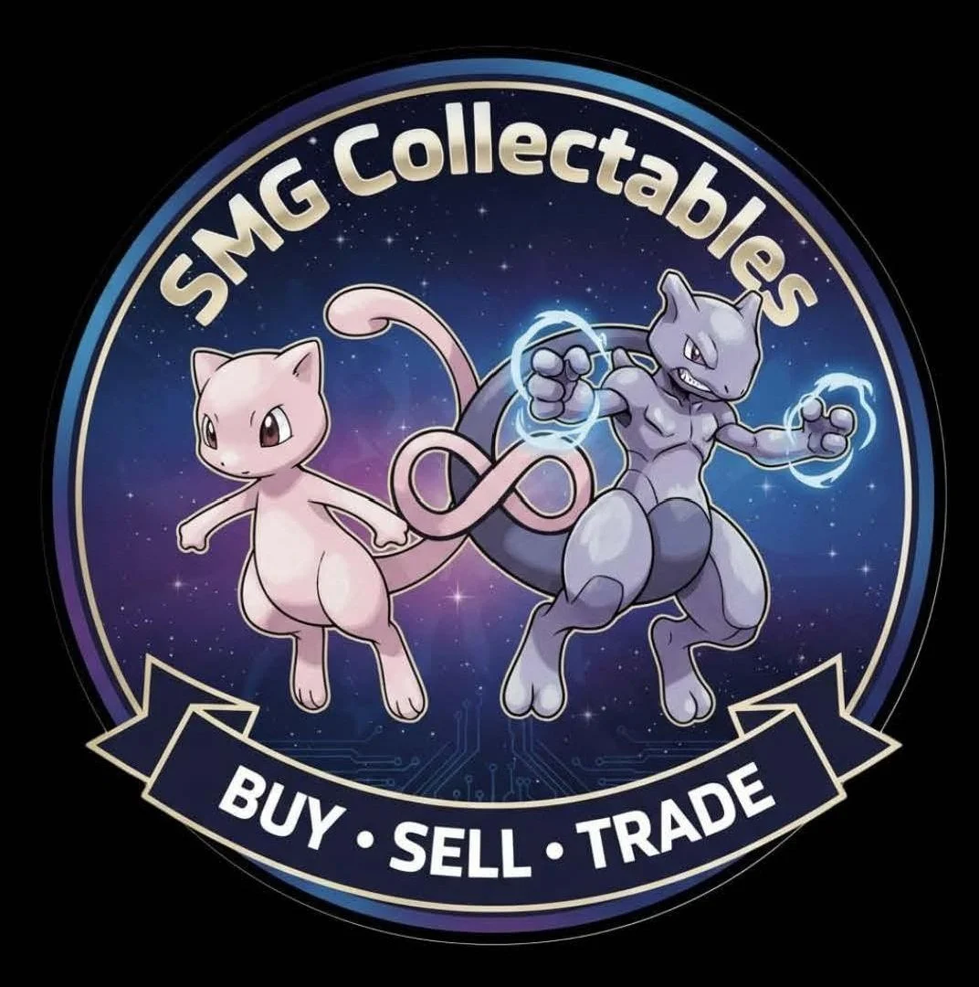 A logo for SMG Collectables featuring two Pokémon, Mew and Machamp, set against a starry space background. The logo includes the text 'SMG Collectables' at the top and 'Buy . Sell . Trade' at the bottom.