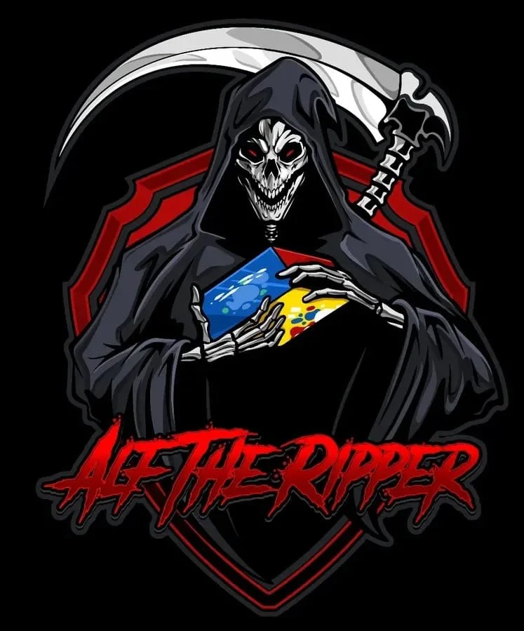 A graphic illustration of a skeleton with a skull face, wearing a black hooded cloak, holding a video game controller, with a scythe behind its head. The skeleton has red eyes and is set against a black background with a red shield-like border. Below, text in red and black reads "At the Ripper."