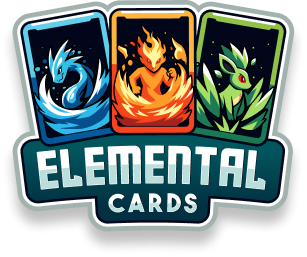 Logo of Elemental Cards featuring three elemental creatures: water dragon, fire phoenix, and plant beast.