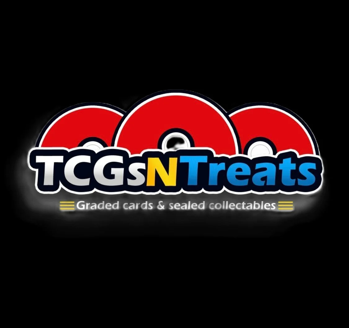 Logo for TCGsN Treats, a business selling graded cards and sealed collectibles, featuring three red and black cards on a black background.
