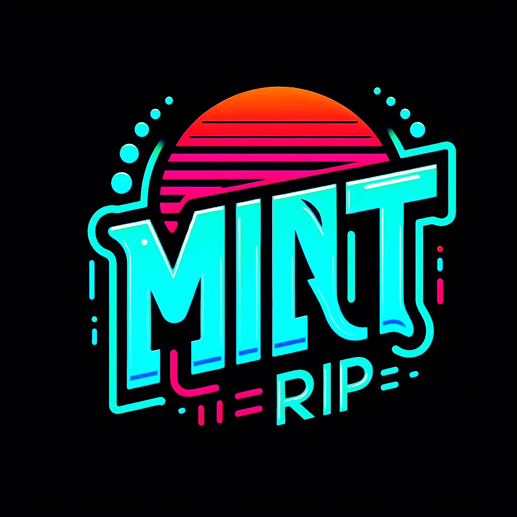 Neon sign with the text "Mint Rip" in bright blue, with a stylized sunset in pink and orange in the background.