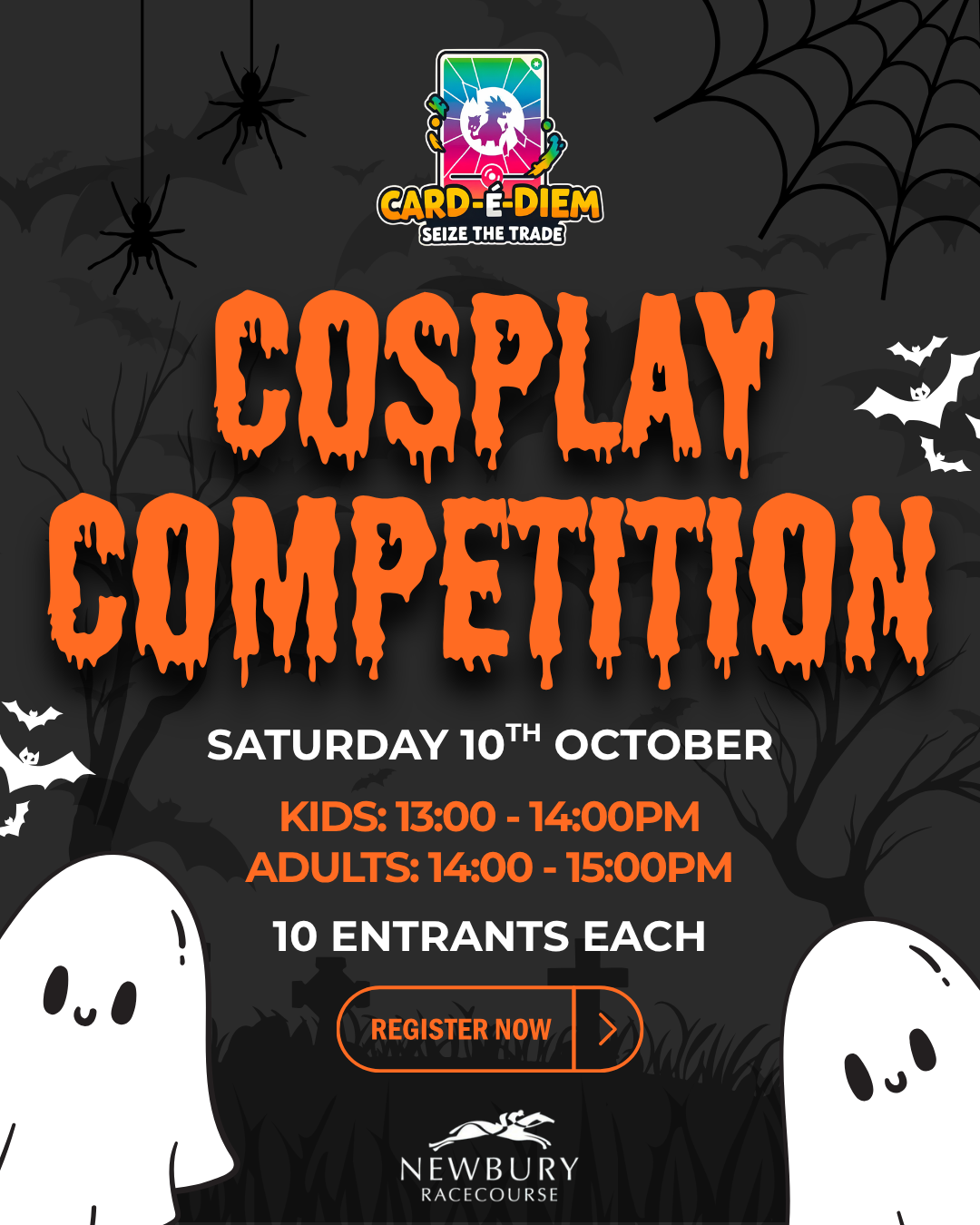 Halloween-themed poster for cosplay competition at Newbury Racecourse on Saturday, October 10th. Features spooky background with bats, spiders, spider webs, ghosts, and orange and white text.
