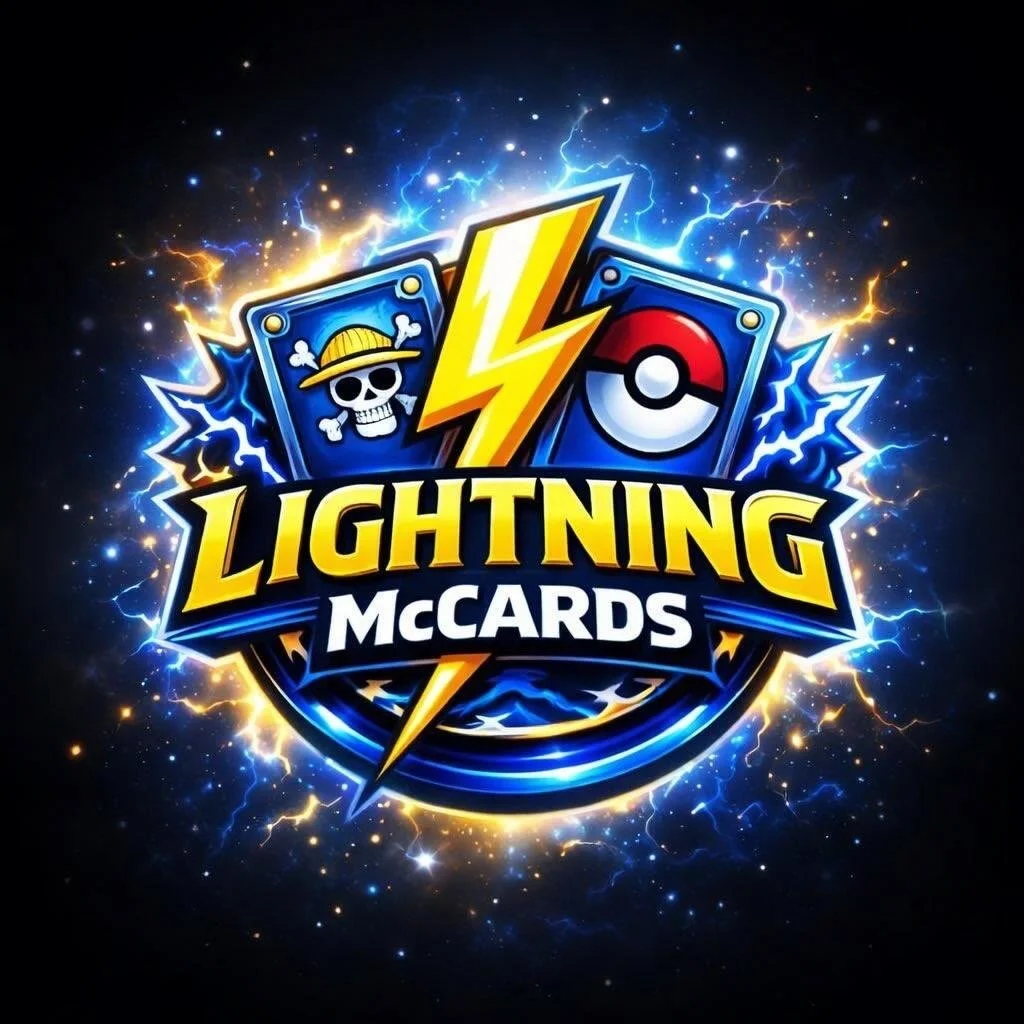 Graphic logo for Lightning McCards featuring a yellow lightning bolt, a pirate skull card, and a Pokémon ball card, surrounded by blue and yellow electrical sparks on a dark background.
