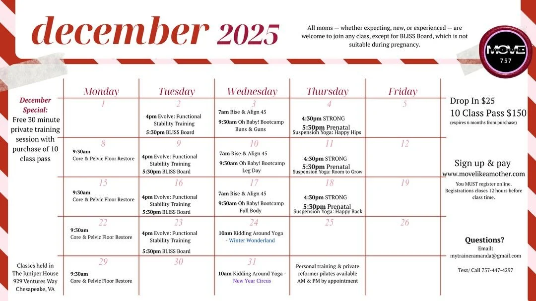 December coming in so strong it needs a whole calendar!  Lots of new classes and new times coming your way this month.  Have a question? Shoot me a DM!