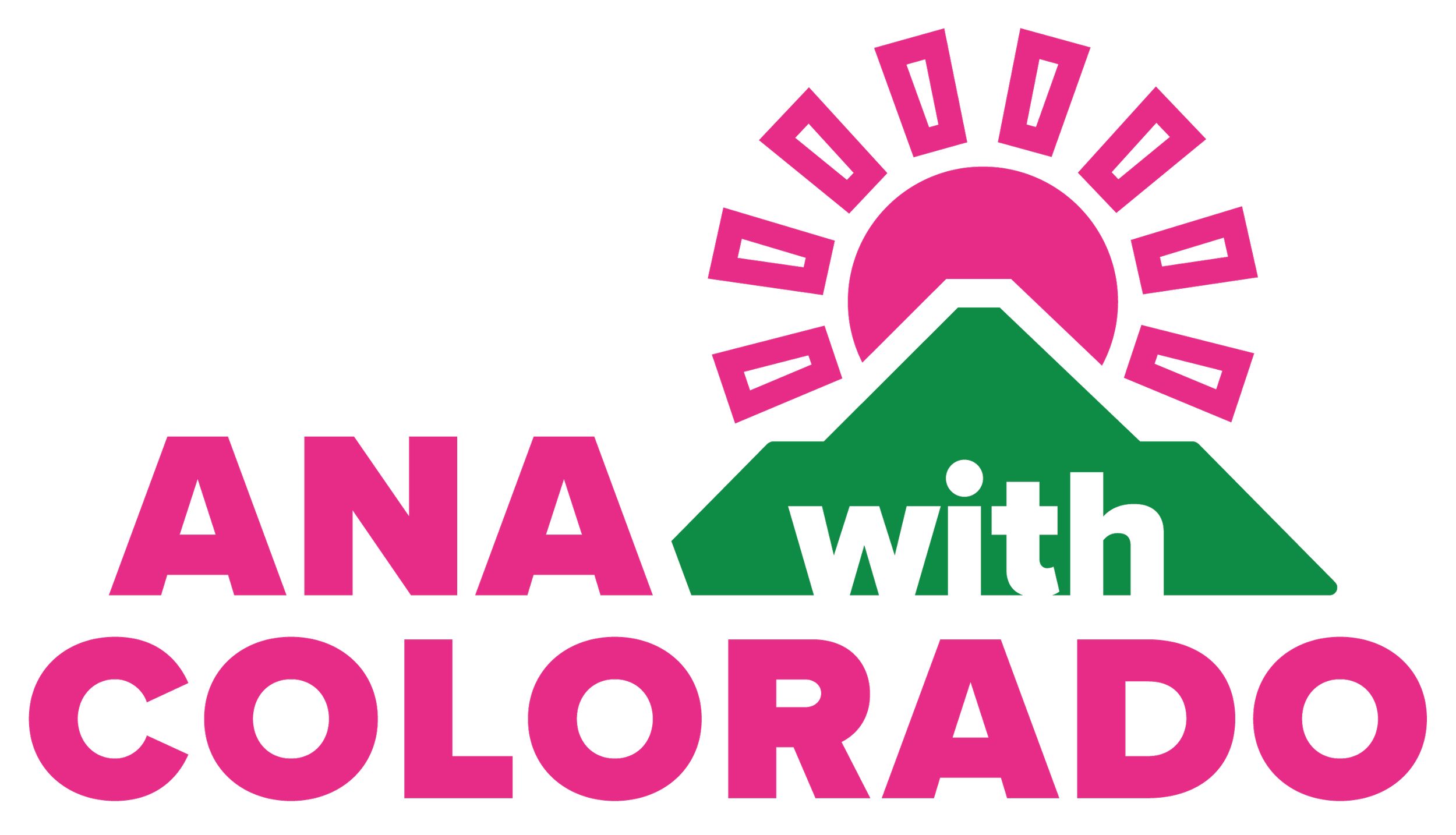 Logo with a mountain and sun, featuring the text 'ANA with COLORADO' in pink and green colors.