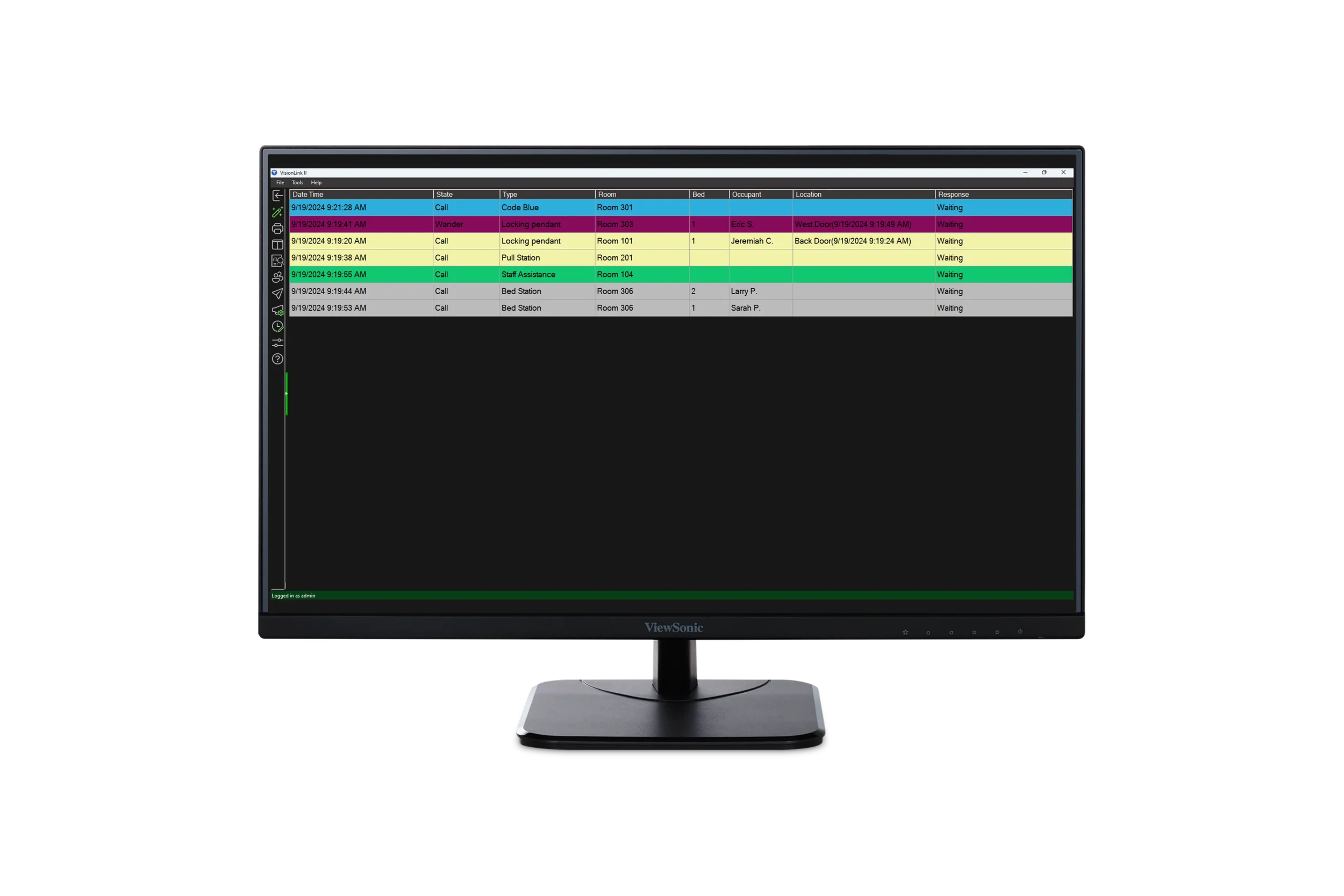 Computer monitor displaying an incident management software with a list of calls, room assignments, occupants, and statuses on a black background.