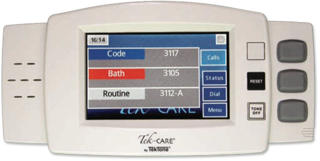 Medical alert system keypad with display showing code options for calls, including 'Bath' in red, and buttons labeled Reset, Tone Off, and others.