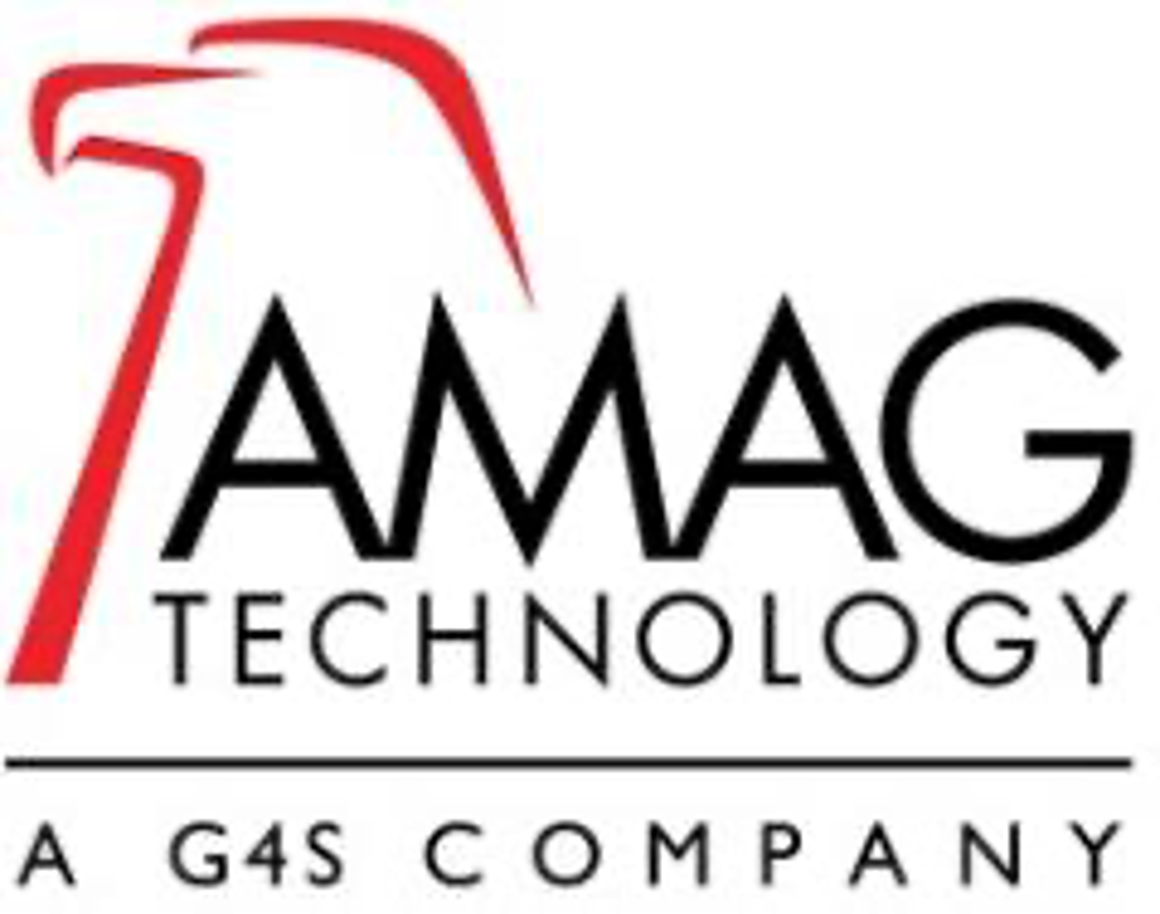 Logo of AMAG Technology with a stylized red eagle head and black text reading "AMAG Technology, A G4S Company."