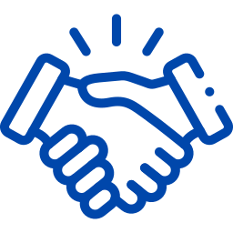 A simple blue outline drawing of a handshake.