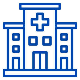 Outline of a hospital building with a cross symbol on the front.