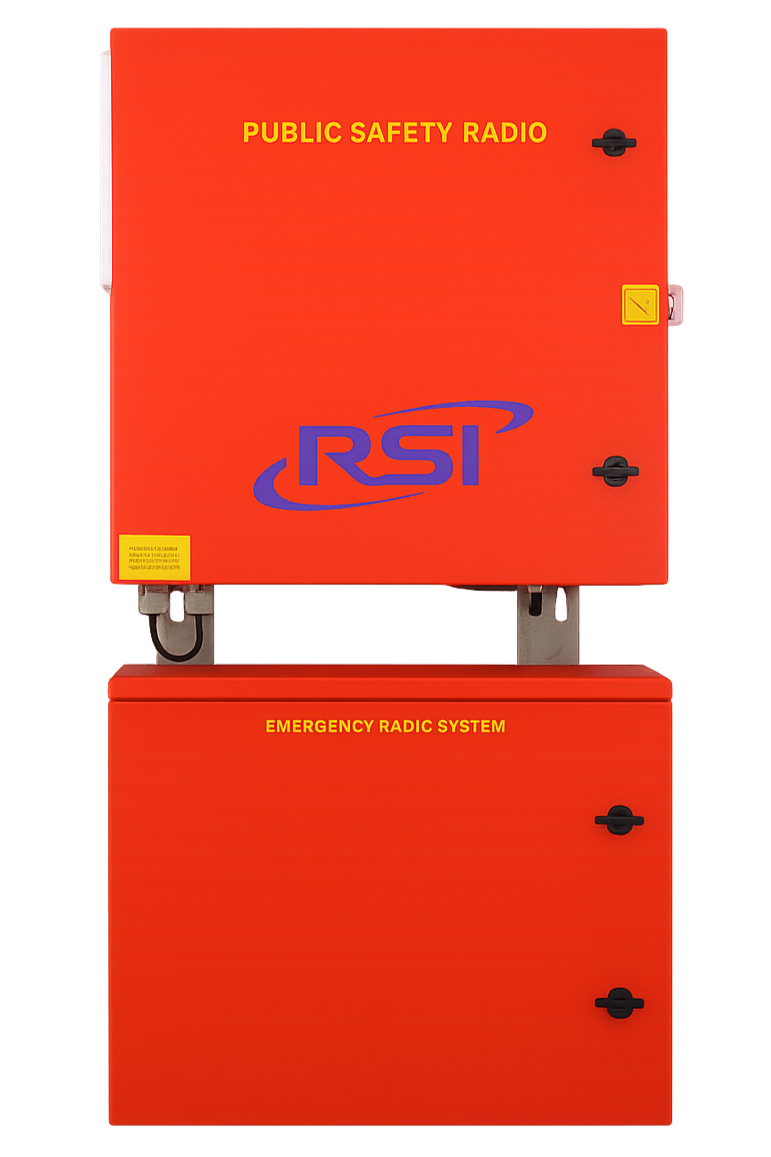 An orange emergency radio system cabinet labeled 'Public Safety Radio' and 'Emergency Radio System' with blue and yellow text, featuring black latches and electrical connections.