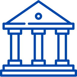 A simple line drawing of a classical style building with columns and a triangular pediment.