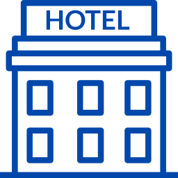 Line drawing of a hotel building with a sign reading 'HOTEL' at the top.