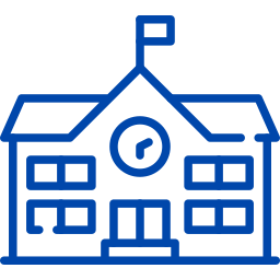 Line drawing of a school building with a clock and a flag on top.