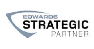Logo for Edwards Elite Strategic Partner, featuring a stylized blue arc above the company name in black and gray text.