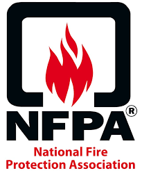 Logo of the National Fire Protection Association featuring a red flame inside a black square with an open bottom, and the acronym 'NFPA' underneath, along with the full name written in red.