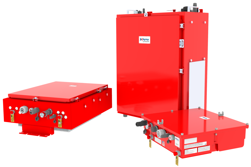 Red industrial fire-resistant electrical control panels and boxes.