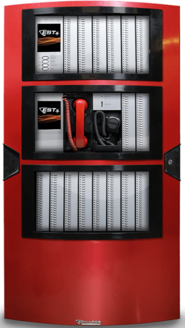 Red fire alarm control panel with various wiring and components inside.