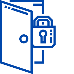 A blue digital lock icon overlaid on a partially open door.