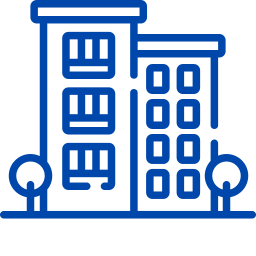 Line drawing of two tall buildings with windows, trees, and a circular object at the bottom.