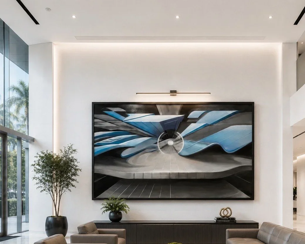 Pinnacle, 2024. Airbrushed acrylic and oil, 54 x 90 in. Shown in a visualized interior.