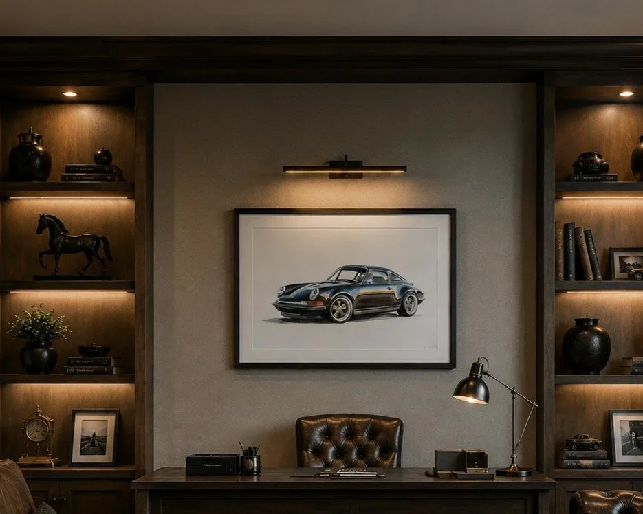 Porsche 911 Type 964 (1991), 2023. Gouache, 22 x 30 in. Shown in a visualized interior.