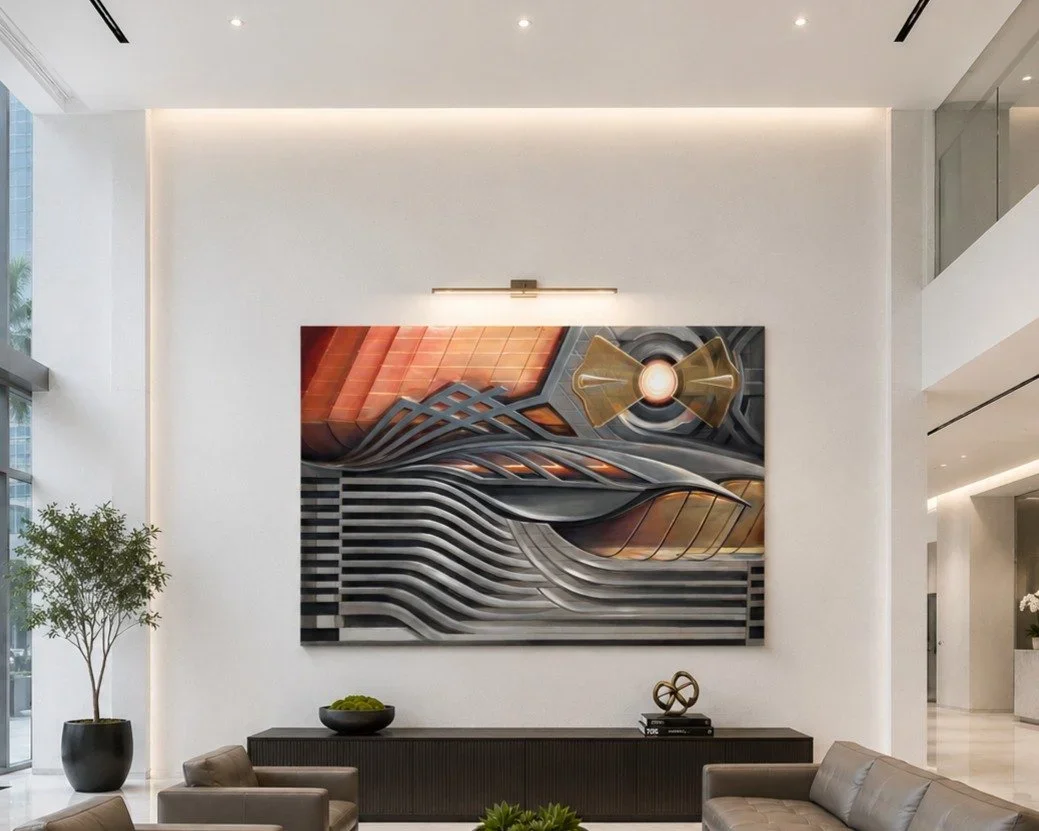 Platinum Dawn, 2024. Acrylic and oil, 47 x 68 in. Shown in a visualized interior.