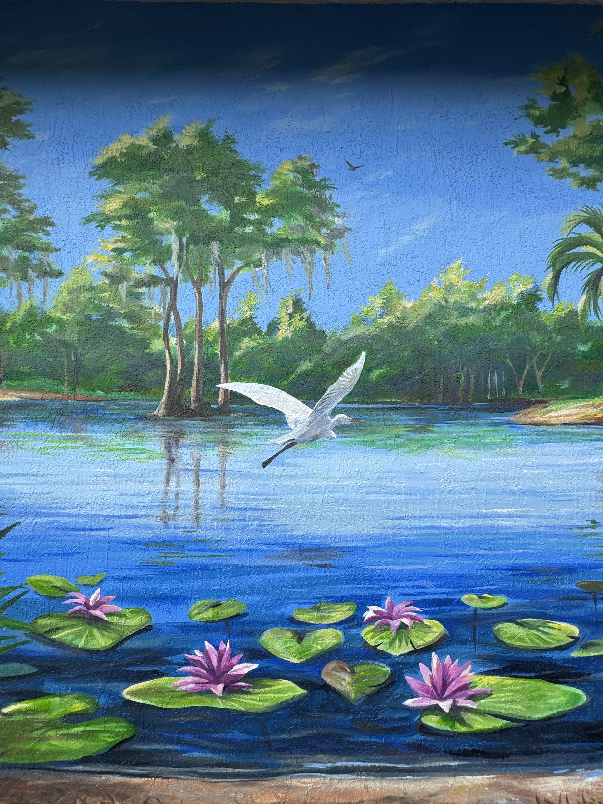 Egret and water lilies, Song of the Cypress mural detail
