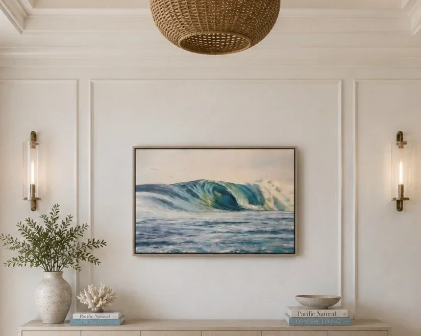 Winter Swell, 2022. Oil, 36 x 54 in. Shown in a visualized interior.