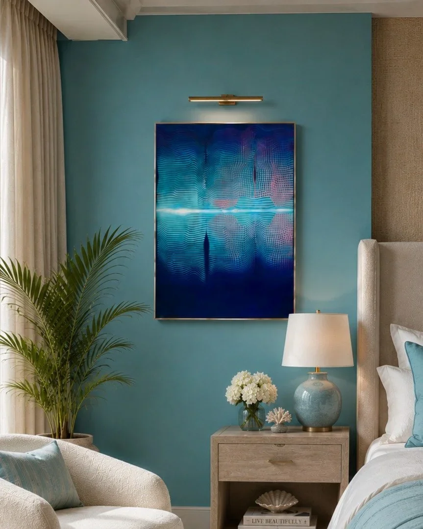 Cosmic Ripple, 2024. Acrylic, oil, and spray paint, 36 x 24 in. Shown in a visualized interior.