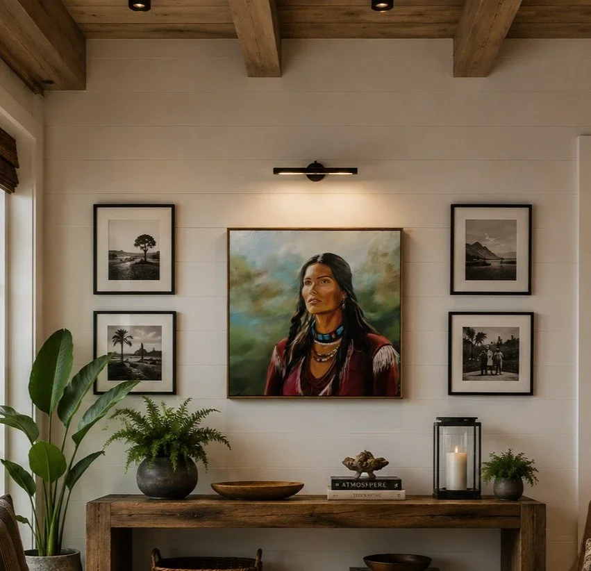 Portrait Study, 2024. Oil, 17 x 17 in. Shown in a visualized interior.