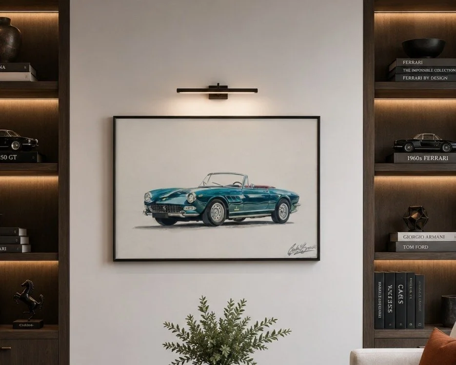 Ferrari 275 GTS gift print by Colin Breslin, shown in a visualized interior