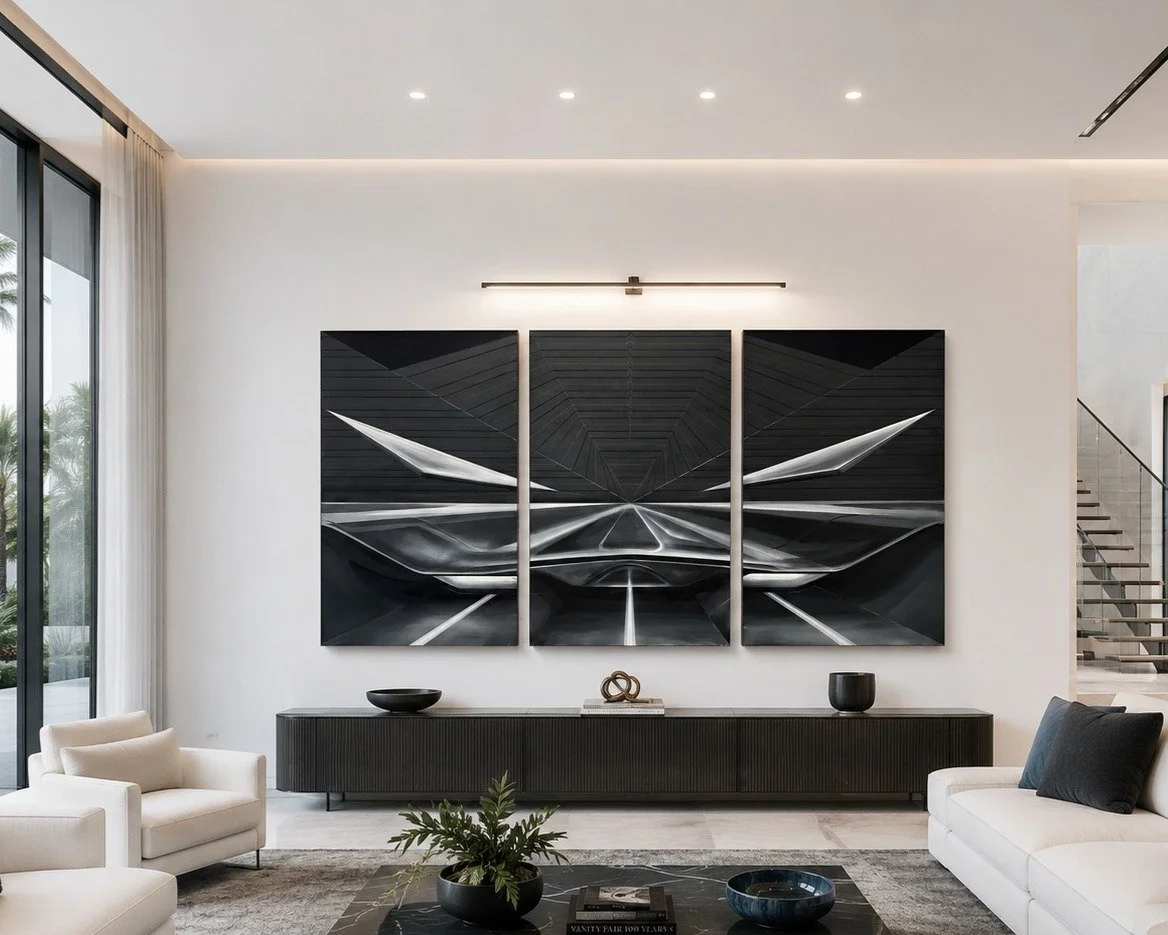 Threshold, 2026. Oil, triptych, 48 x 30 in. each panel. Shown in a visualized interior.