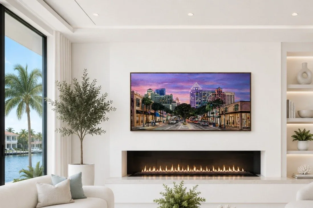 Las Olas Boulevard, 2022. Oil, 24 x 48 in. Selected for the ART + STROLL juried exhibition, Las Olas, November 2026. Shown in a visualized interior.