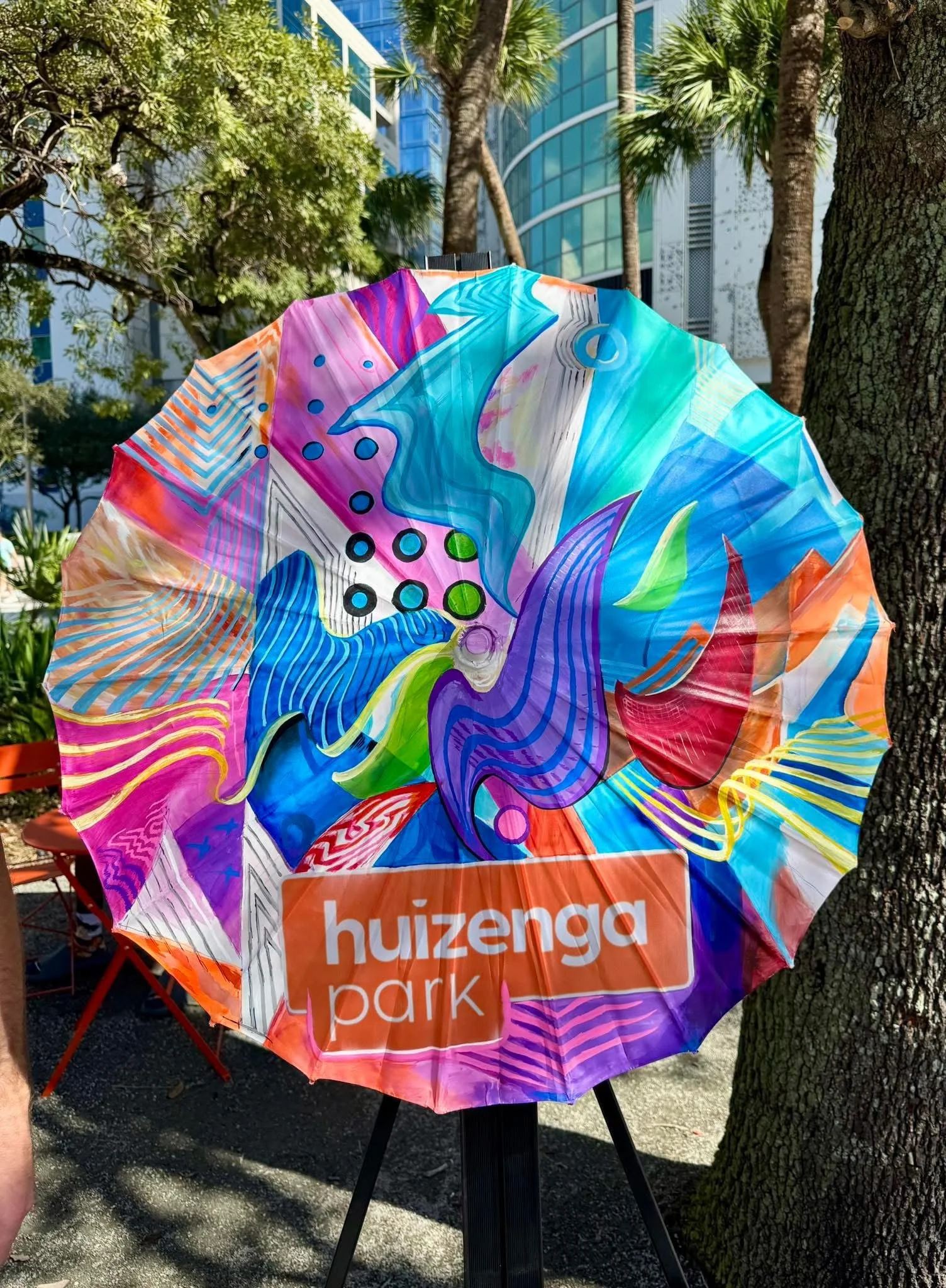 Hand-painted umbrella by Colin Breslin for the Huizenga Park grand re-opening, Fort Lauderdale