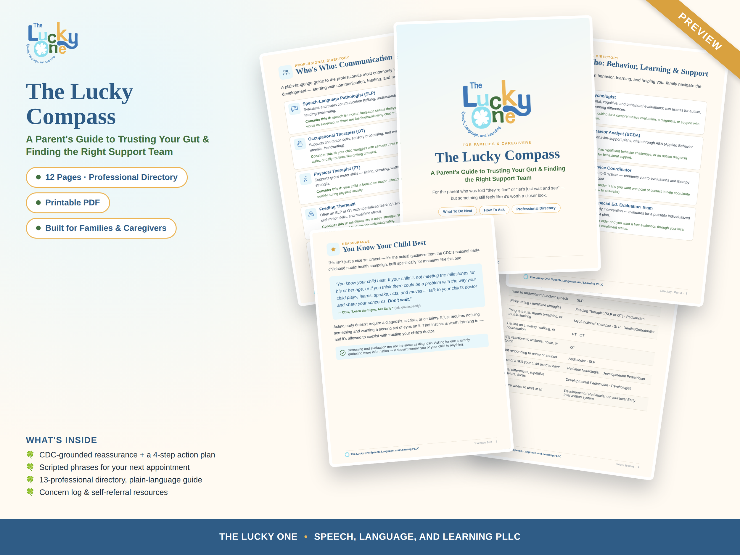The image displays overlapping pages of a guide titled 'The Lucky Compass,' which is a parent's guide to trusting your gut and finding the right support team for children with speech, language, and learning issues. The cover highlights features like a professional directory, printable PDF, and resources for families and caregivers. The pages show sections about different types of support professionals, self-referral resources, and what to do next.