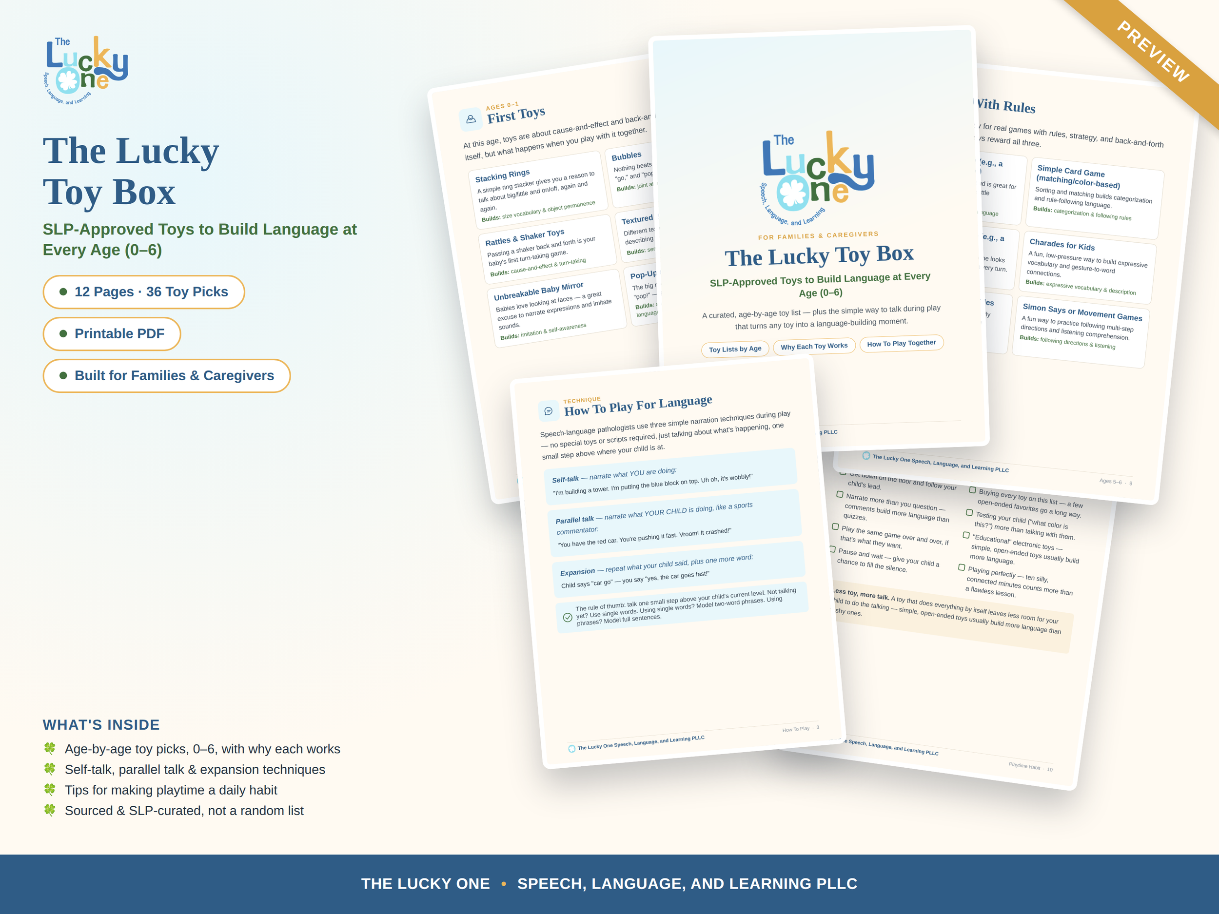Multiple pages of a booklet titled 'The Lucky Toy Box' with information about speech-language pathology tools for children aged 0-6, including toy lists, play techniques, and tips for caregivers.