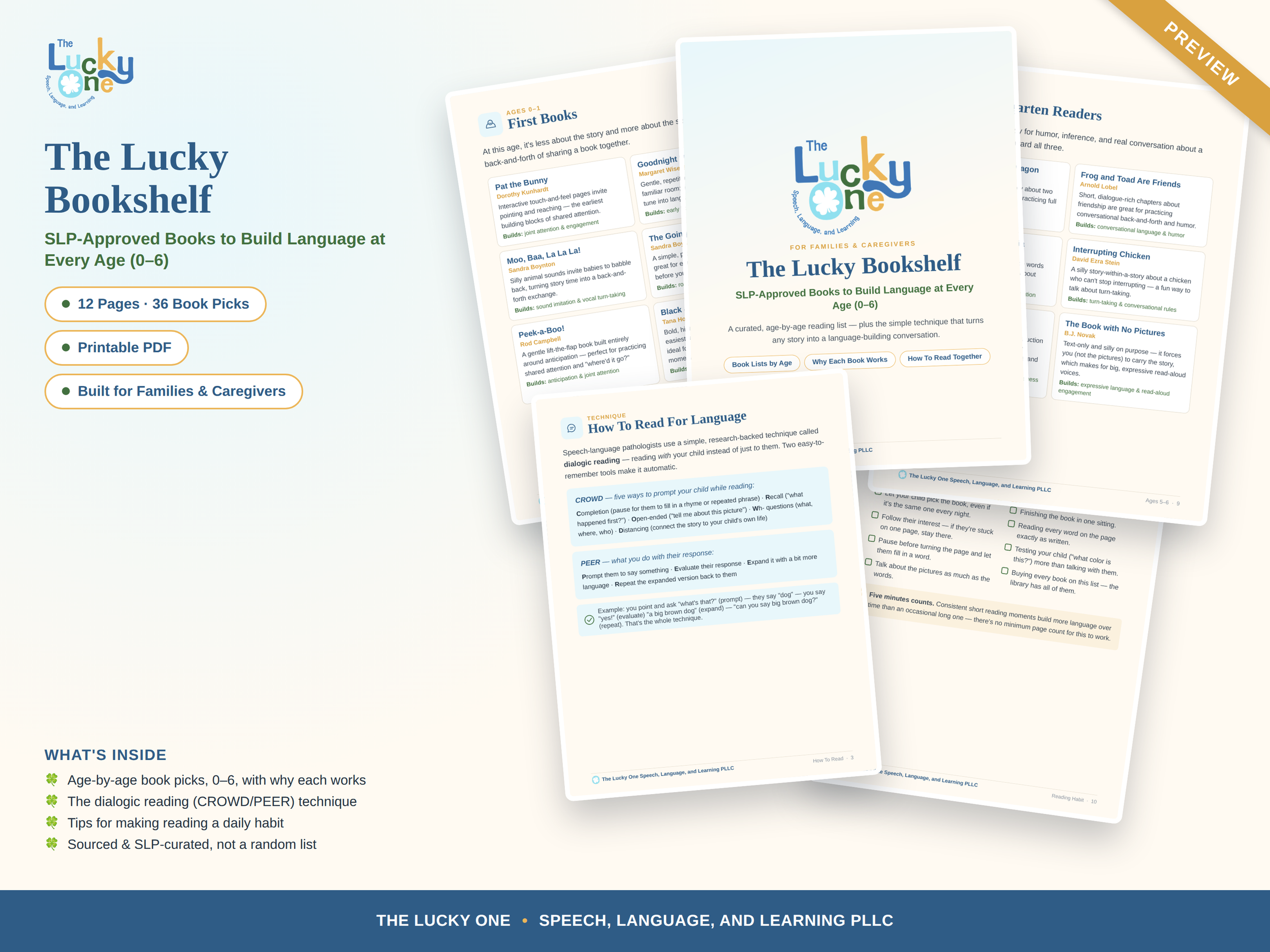 A digital flyer for The Lucky Bookshelf, showcasing SLP-approved books for children ages 0-6, with details about book features, techniques, and benefits for language development.