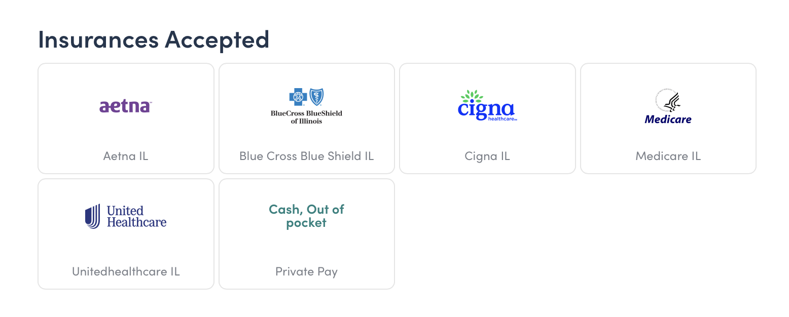 Insurance Accepted: Blue Cross Blue Shield, Aetna, Cigna, United Health Care, Medicaid, Private Pay