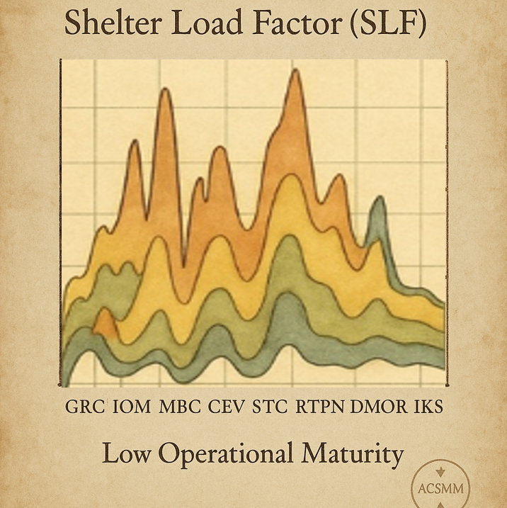 Conceptual gauge illustrating Shelter Load Factor (SLF), showing how operational load ranges from low to high across shelter systems, with higher load indicating increased strain and reduced operational stability.