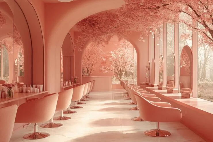 Elegant pastel pink interior with large arched windows, plush chairs, and a view of trees with pink blossoms.