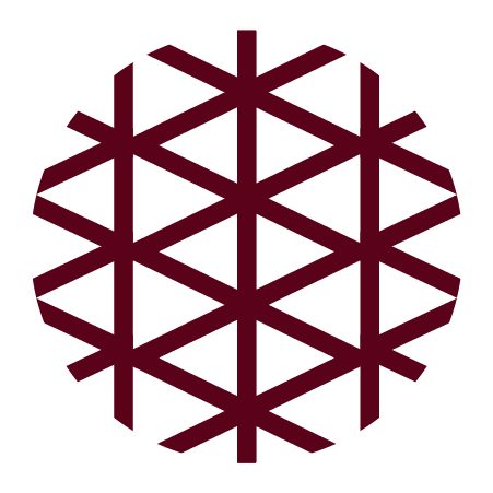 A geometric snowflake pattern in dark red on a black background.