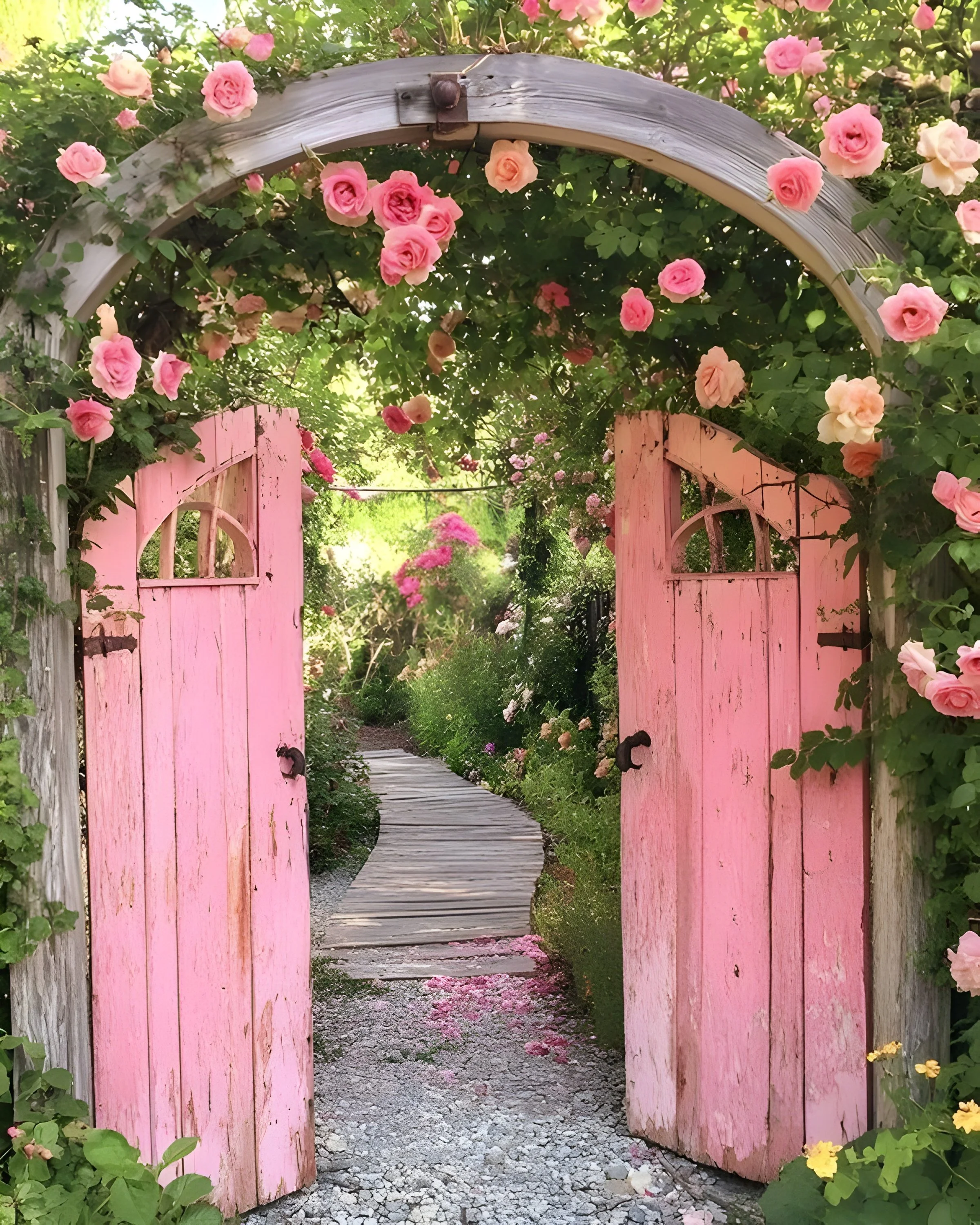 A garden with pink roses and a curved wooden pathway, pink double doors, and an arched trellis covered in roses.