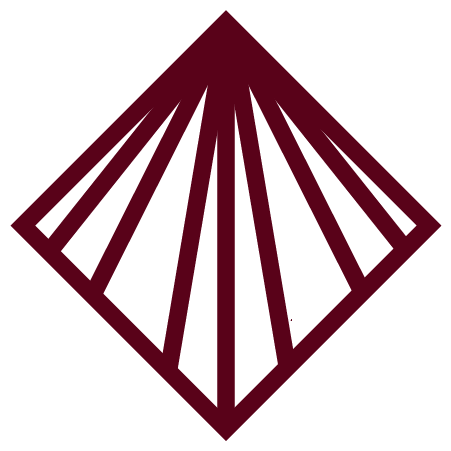 A stylized, geometric maroon diamond shape with intersecting lines, set against a black background.