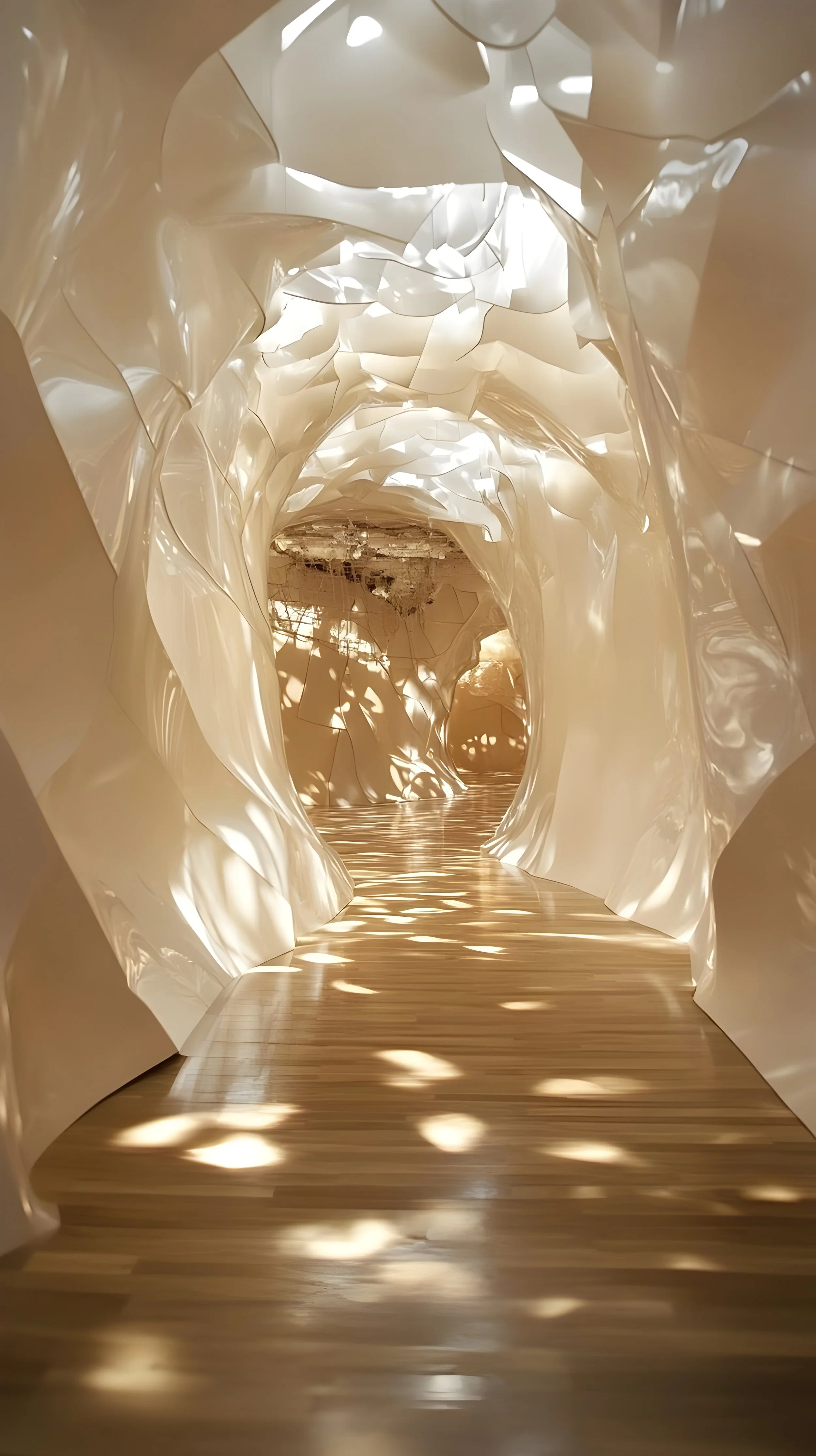A modern indoor hallway with flowing, sculptural white walls and a wooden floor, illuminated with natural light casting shadows.