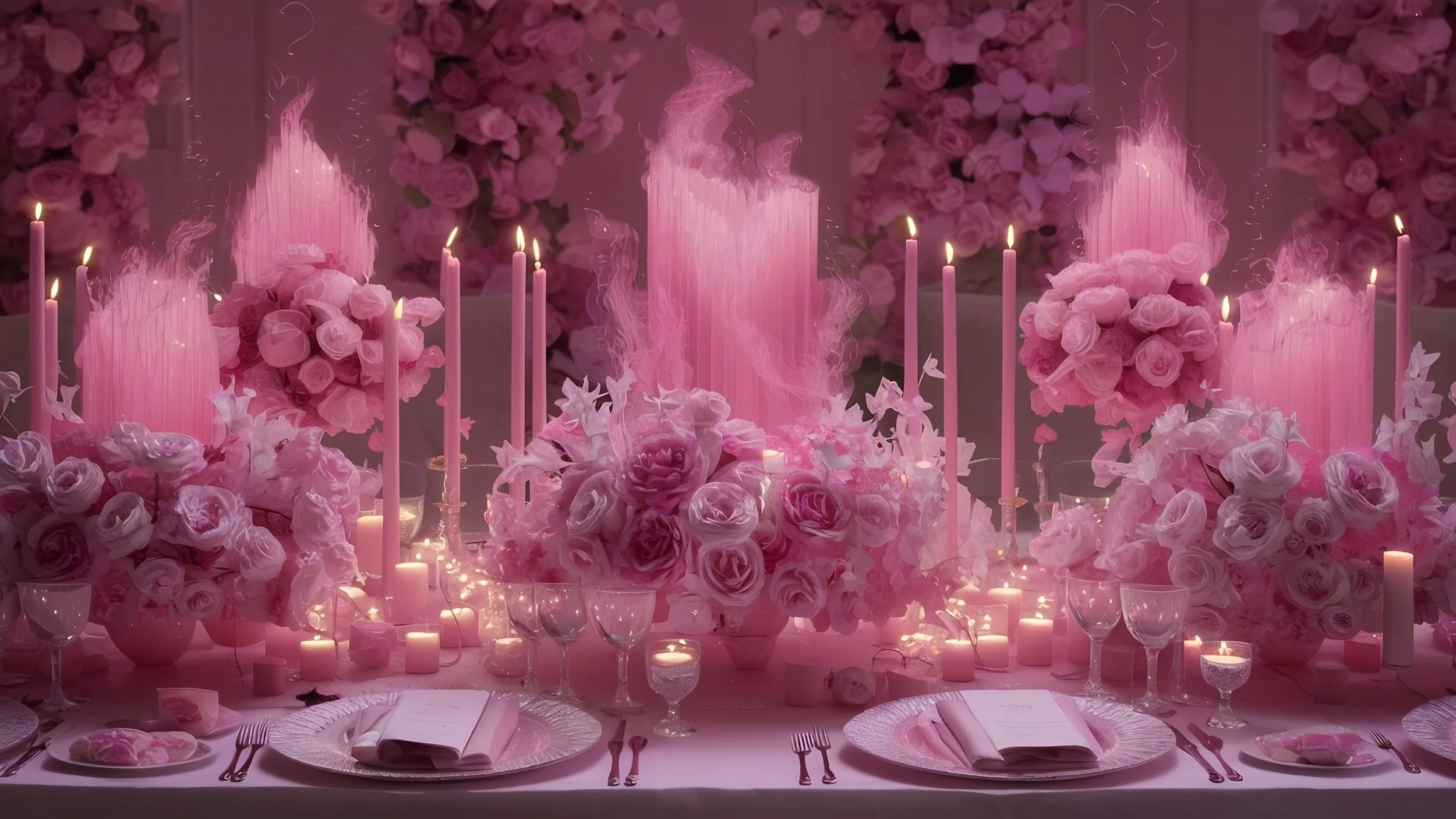 Elegant dining table with pink floral centerpieces, tall pink candles, and lit candles, set for a formal event with pink-themed decor and multiple floral arrangements.