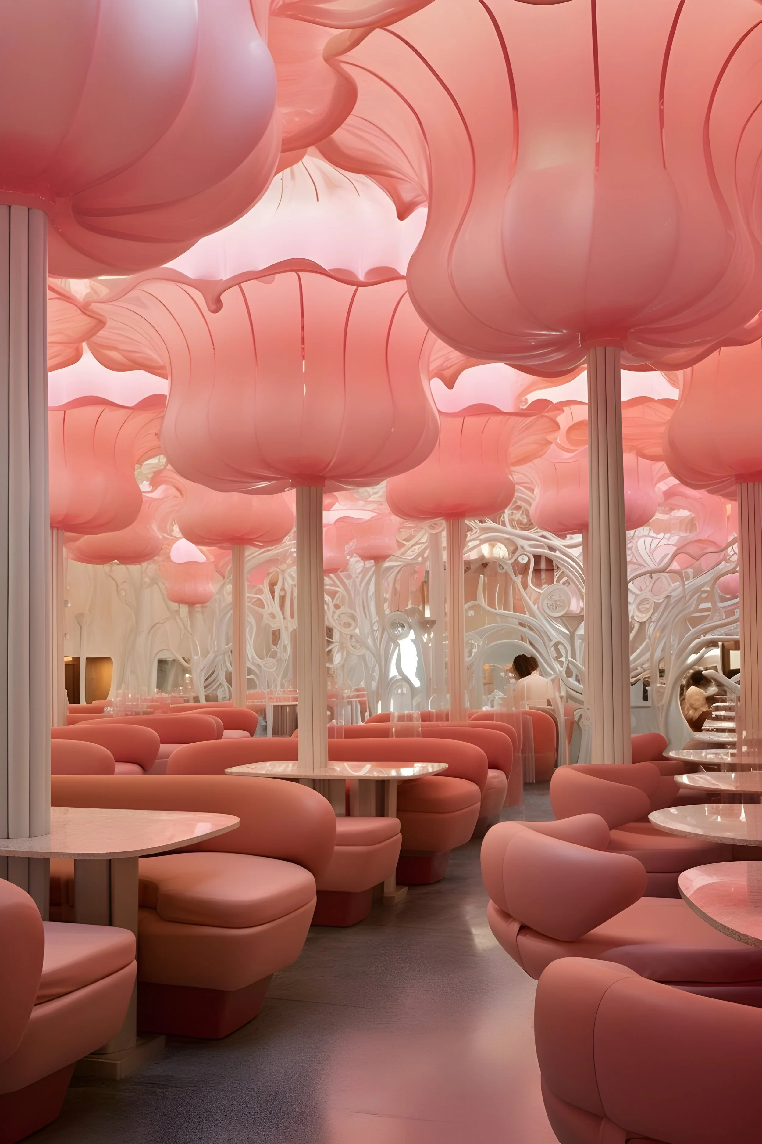 Interior of a pink-themed restaurant or cafe with large pink cloud-shaped pendant lights hanging from the ceiling. Pink rounded booths and tables are arranged along the space, with white tree-like structures in the background.