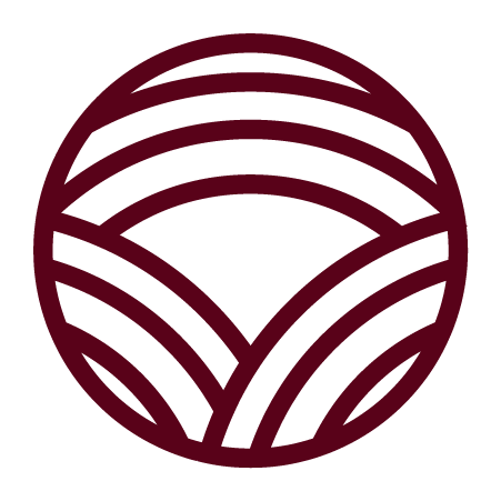 A stylized logo featuring a circular design with curved lines resembling a woven pattern in dark red against a black background.