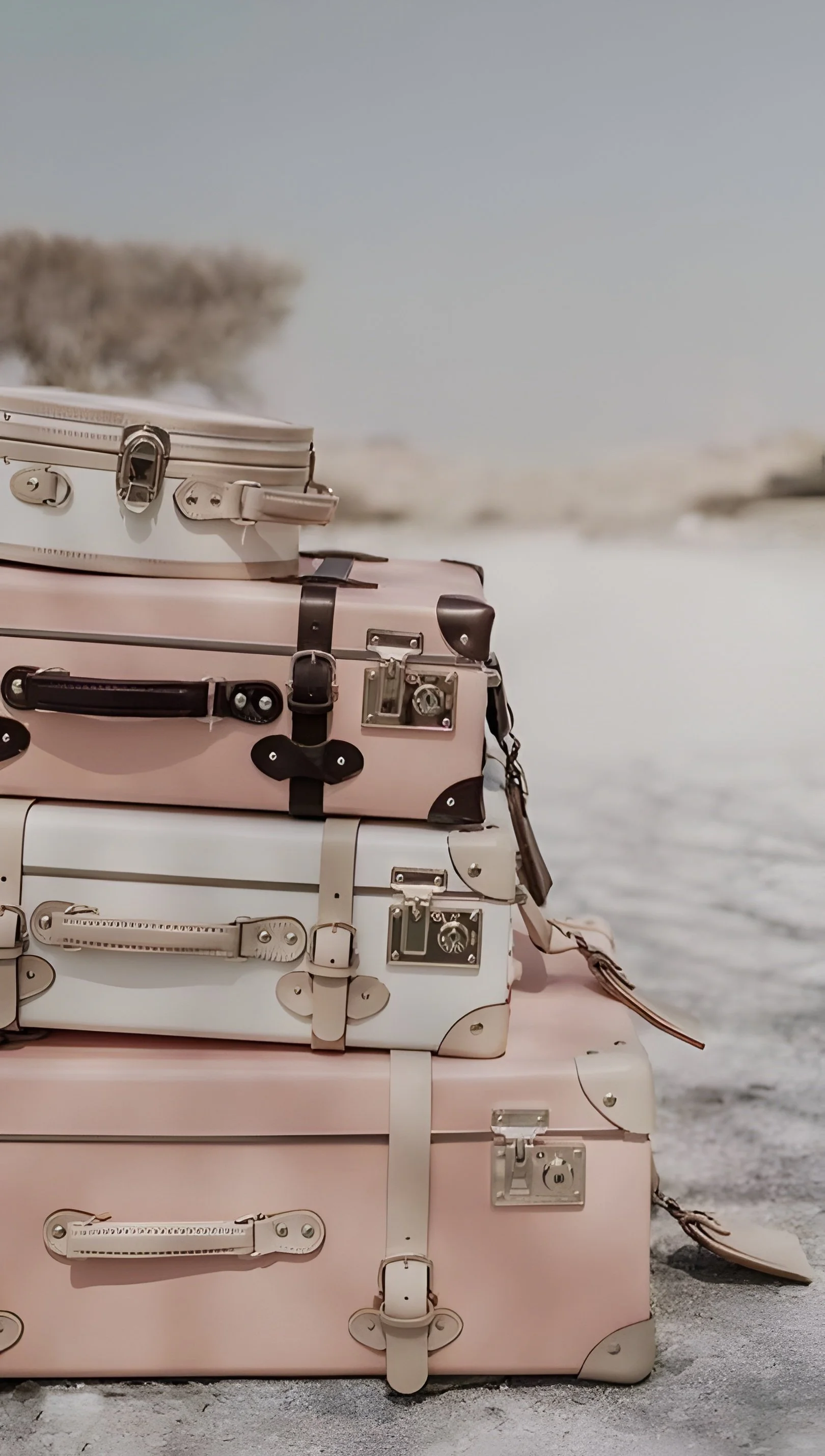 A stack of pastel pink and white vintage suitcases on a sandy beach with the ocean and a distant shoreline in the background.